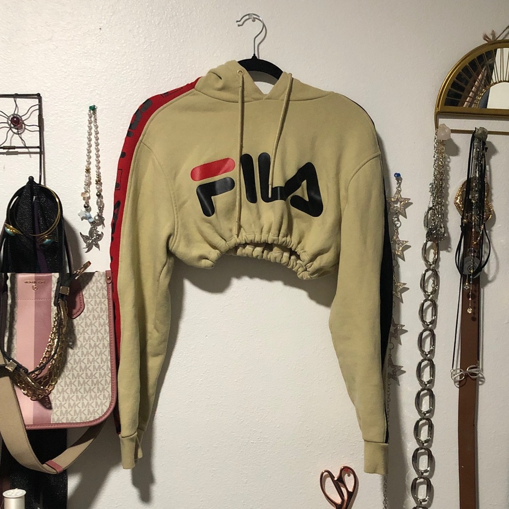 FILA Cropped Hoodie in Tan with Red & Black Accents